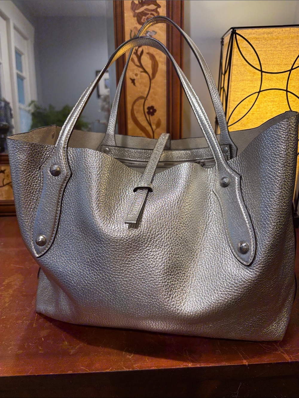 Annabel Ingall Metallic Gray Leather Tote Bag - Sleek Everyday Handbag